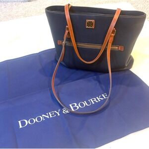 Dooney & Bourke Pebble Grain Lexington Tote Navy Blue Tan Leather Shoulder Bag